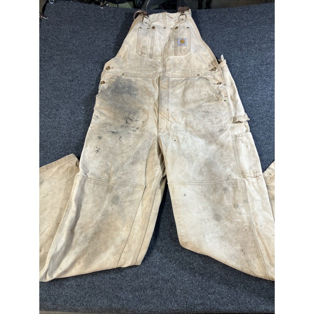 Carhartt Men Overalls 40x34 R01 Brown Double Front Carpenter Distressed Workwear